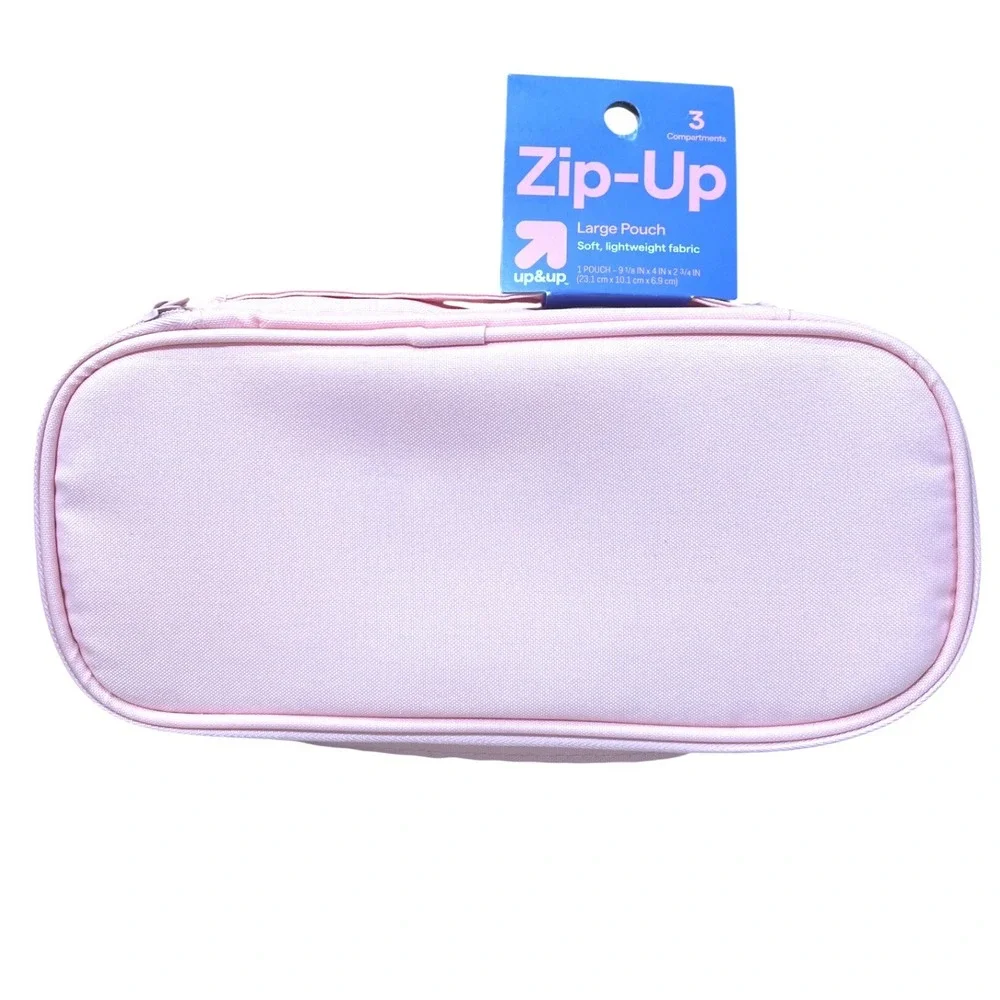 Zip-Up Pink Large Zip-Up Pouch 3 Compartments School Travel Makeup Organizer NEW